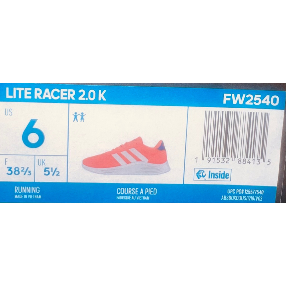 adidas Lite Racer 2.0 K – Women’s US 7.5 (Youth 6.5) – Coral/White - Picture 7 of 9